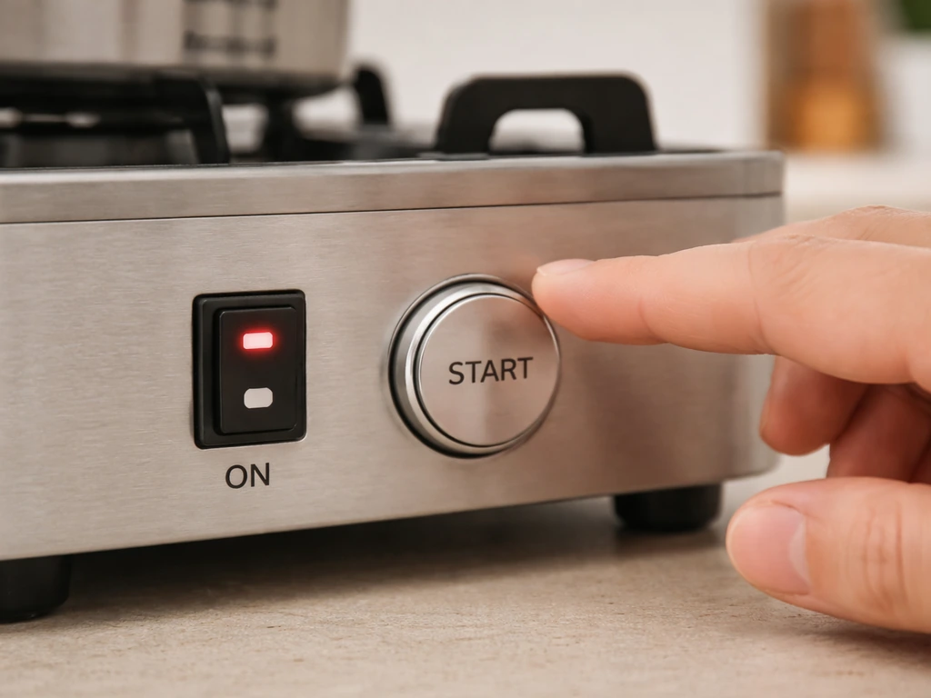 Close-up of a small countertop appliance with the power switch on and the start button untouched