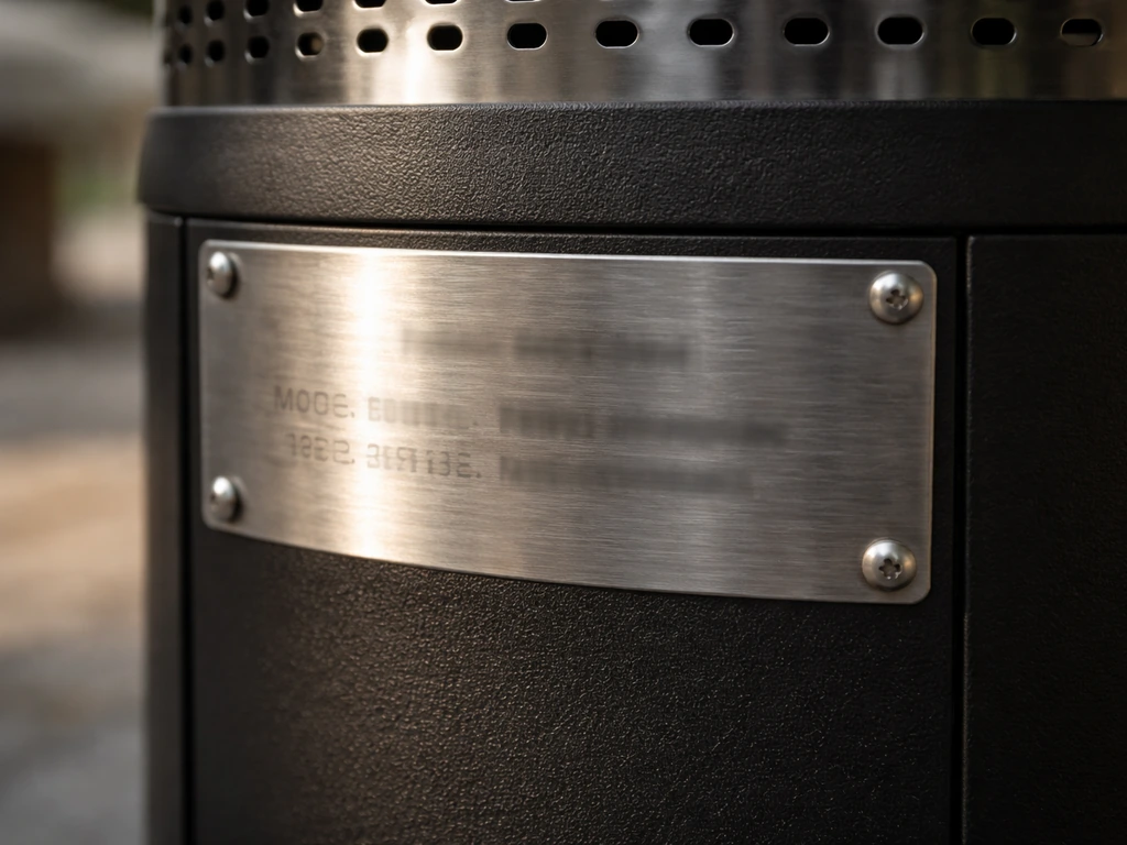 Close-up of a patio heater’s model and serial label area with the label clearly visible