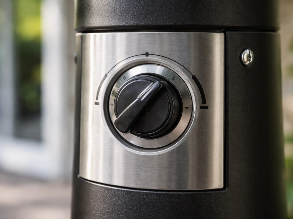 Close-up of a freestanding propane heater gas control knob at OFF/PILOT/LOW/HIGH positions with control panel visible
