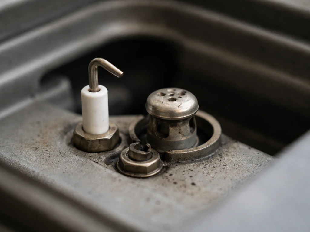 Close-up of a gas burner pilot igniter electrode and small metal rod tip for inspection.