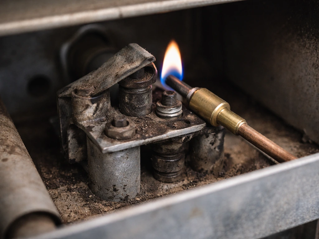 Close-up of a gas pilot assembly with a seated thermocouple tip and dusty soot around the fitting