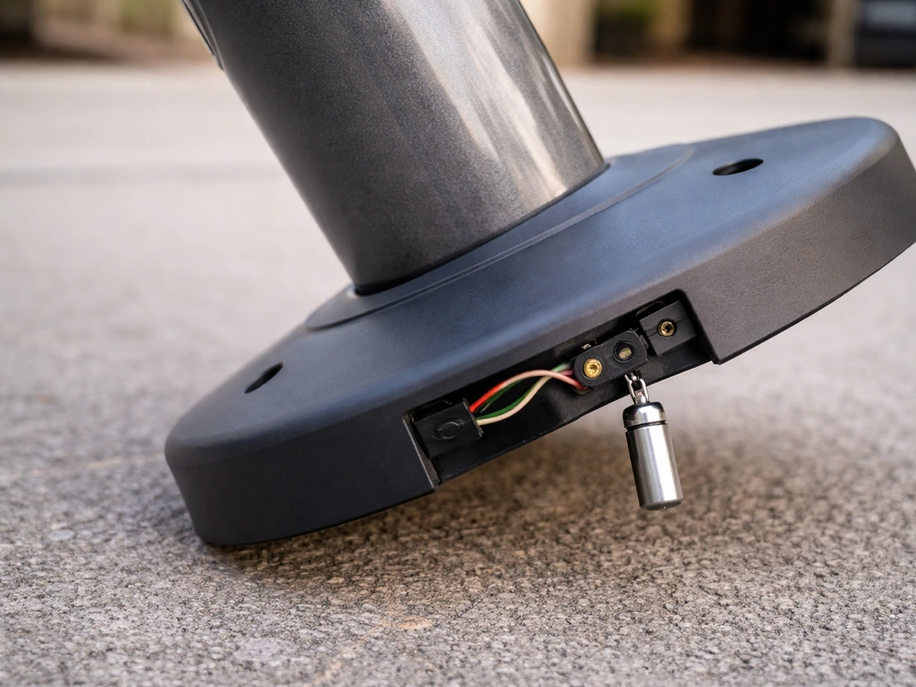 Close-up of an anti-tilt pendulum switch near a heater base, shown just before tipping for inspection context.