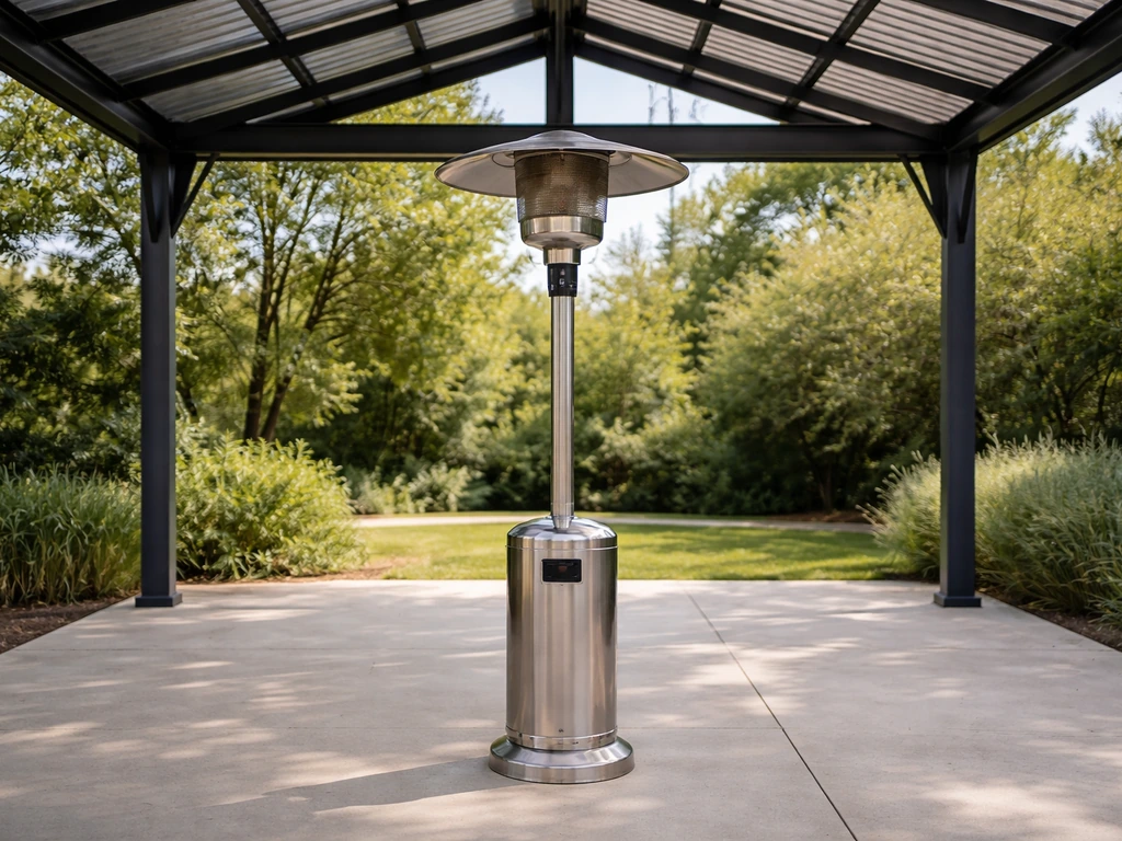 Gas patio heater beneath an open-air canopy with visible clearance around it
