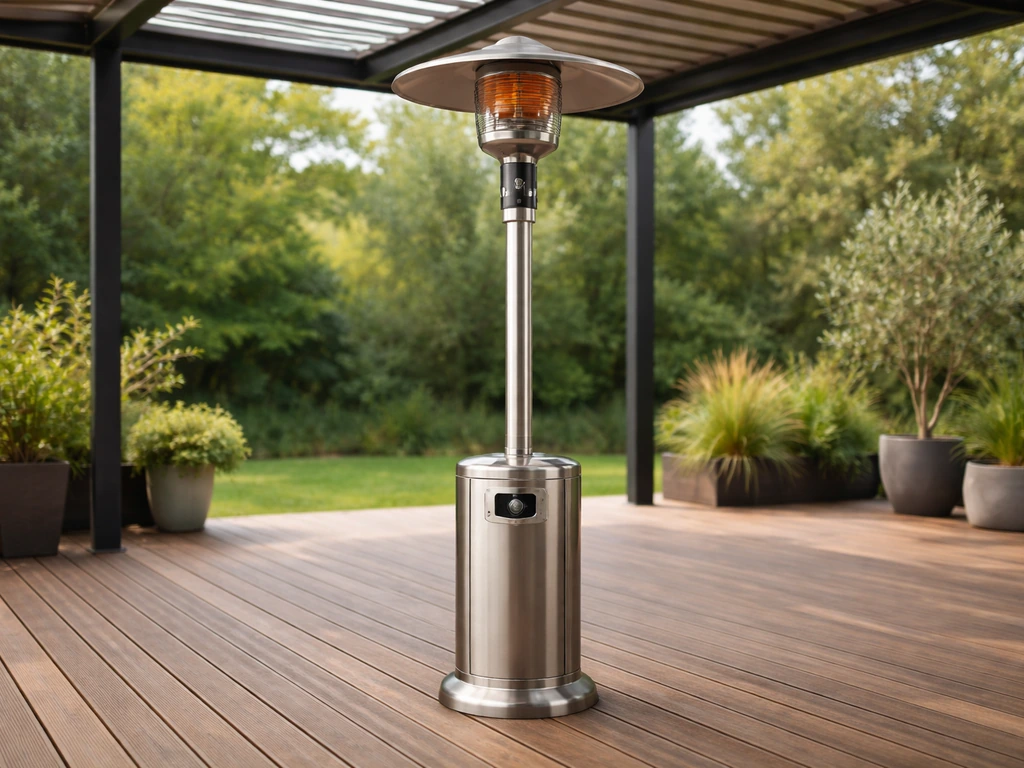 Outdoor patio heater under a partially open canopy with clear airflow around it