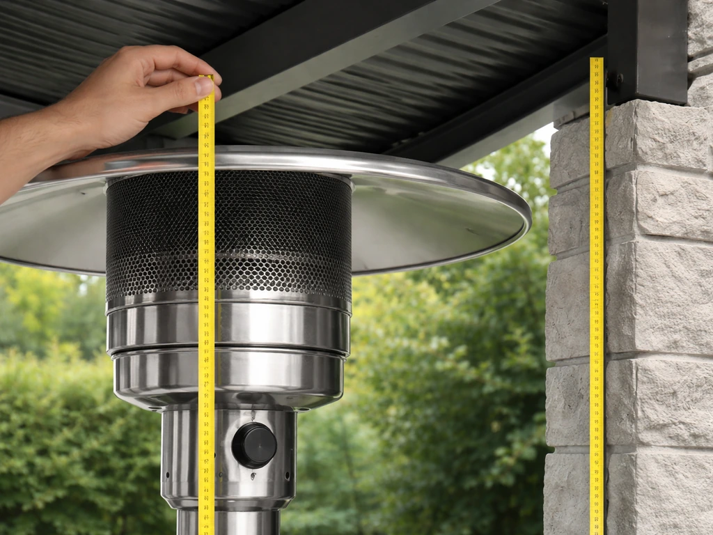 Gas patio heater under a canopy with tape measure showing top and side clearance distances.