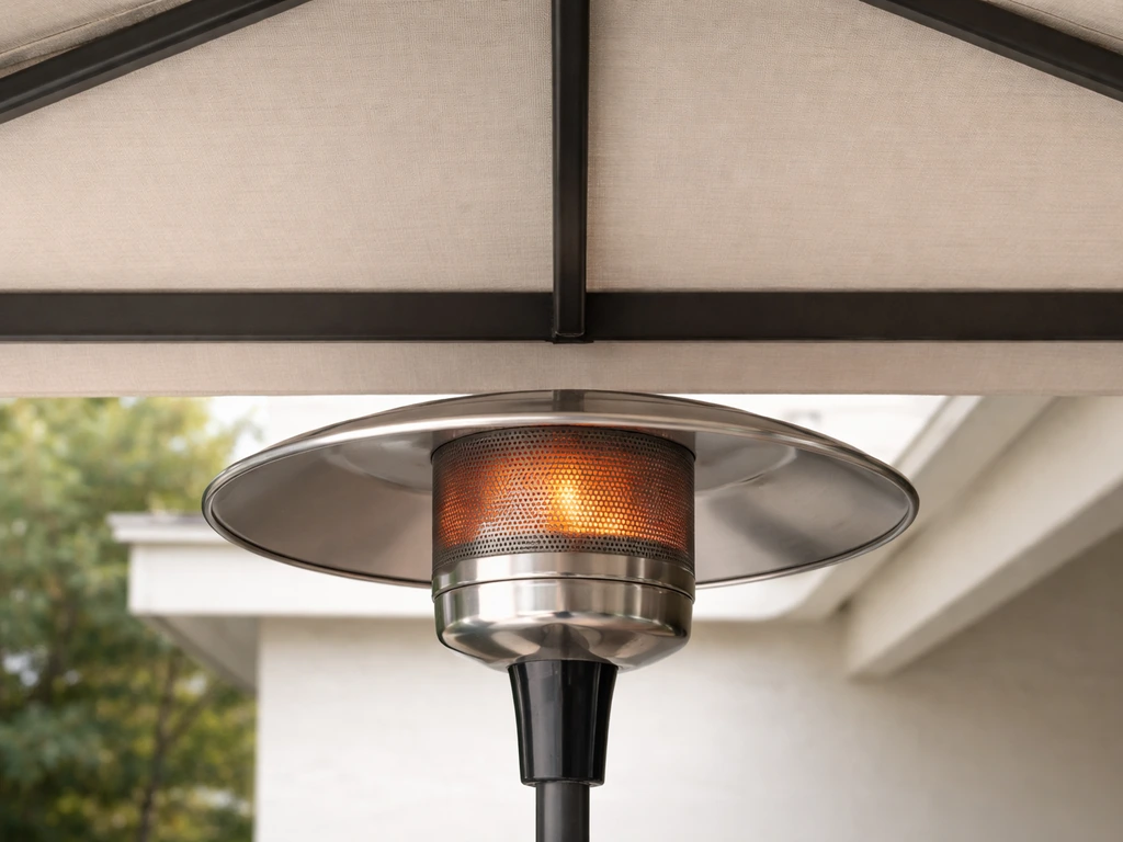Close-up of an outdoor heater under a canopy showing safe clearance from the ceiling underside