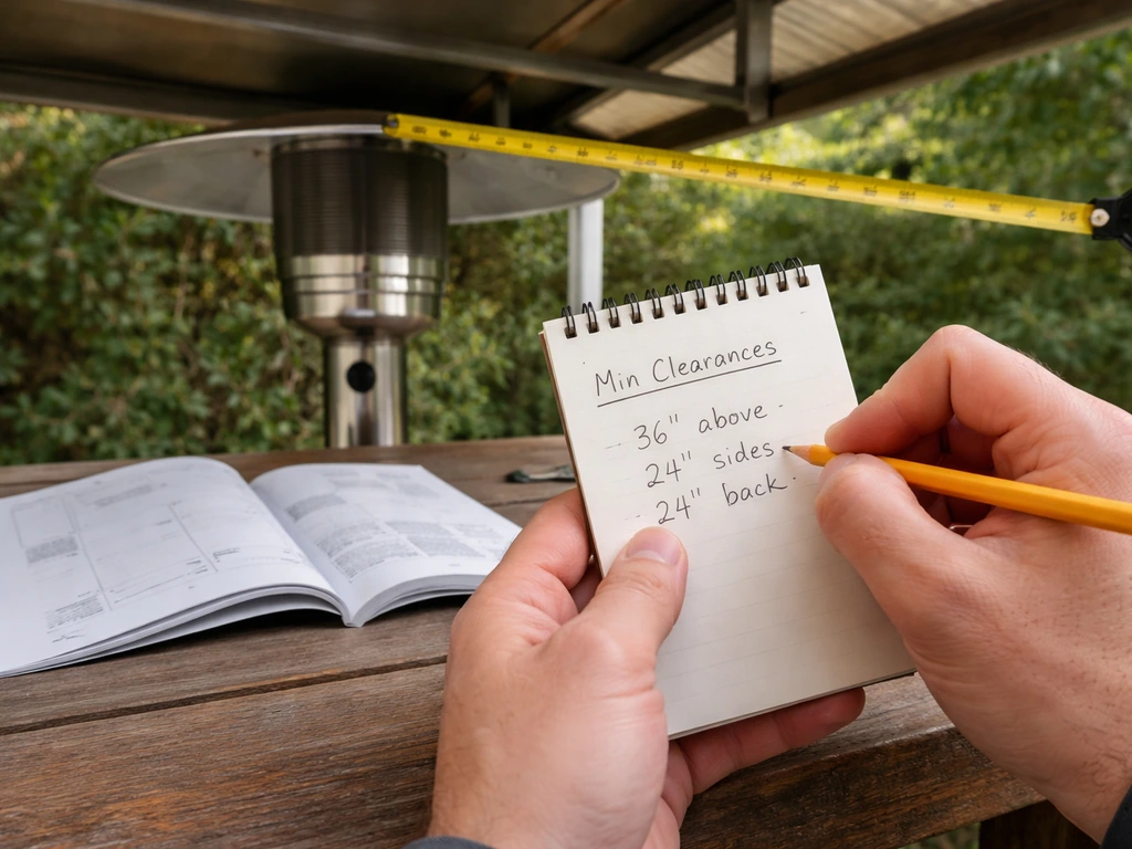 Person marking heater clearance on a notepad beside an outdoor canopy heater