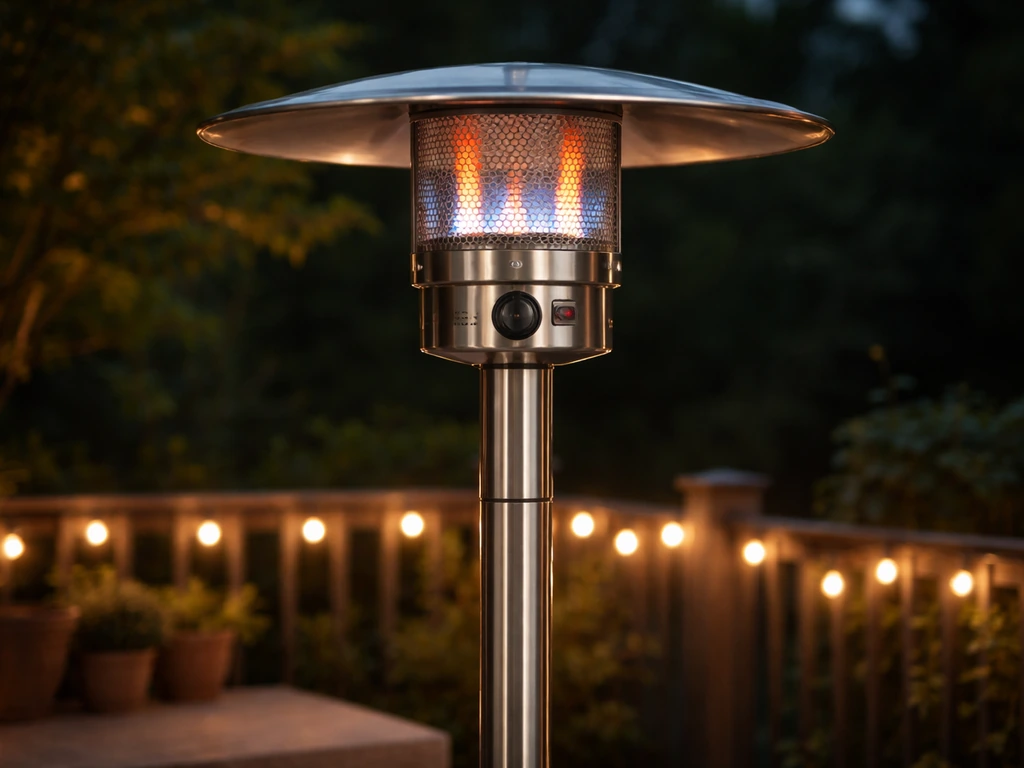 Lit patio heater outdoors at dusk with visible control area and steady glowing flame.