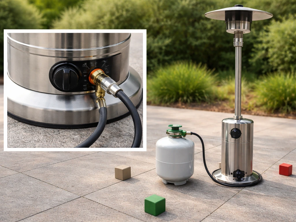 Outdoor propane heater with visible gas connection and clear clearance space around it.