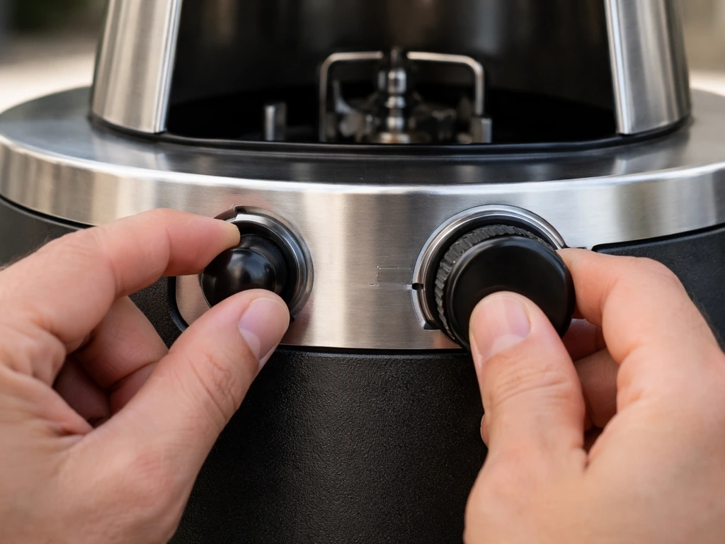 Anonymous hands turning a control knob and pressing a push-button igniter on a propane heater.
