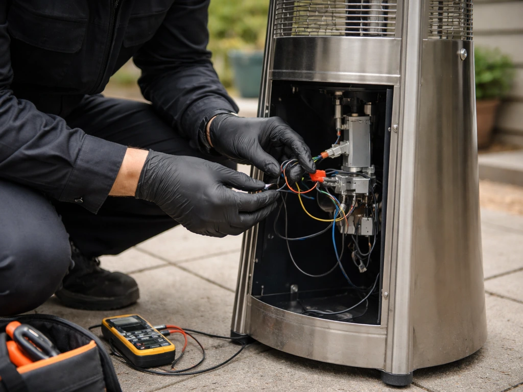 Anonymous technician inspecting propane heater igniter components outdoors with gloved hands and tools nearby.