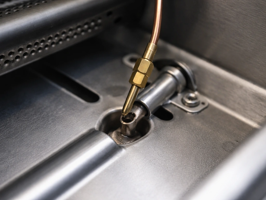 Close-up of a thermocouple probe aligned near the pilot flame opening on a gas grill burner.