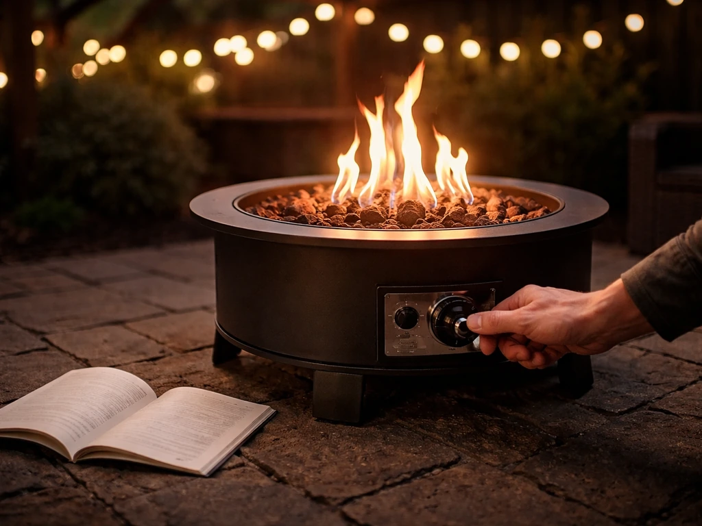Glowing outdoor fire pit on a patio at night with a nearby hand on the control knob area