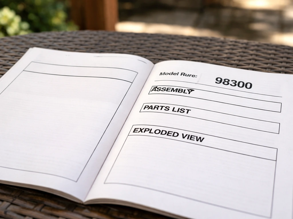 Close-up of an open fire pit manual with model-number/legend sections visible on a patio table.