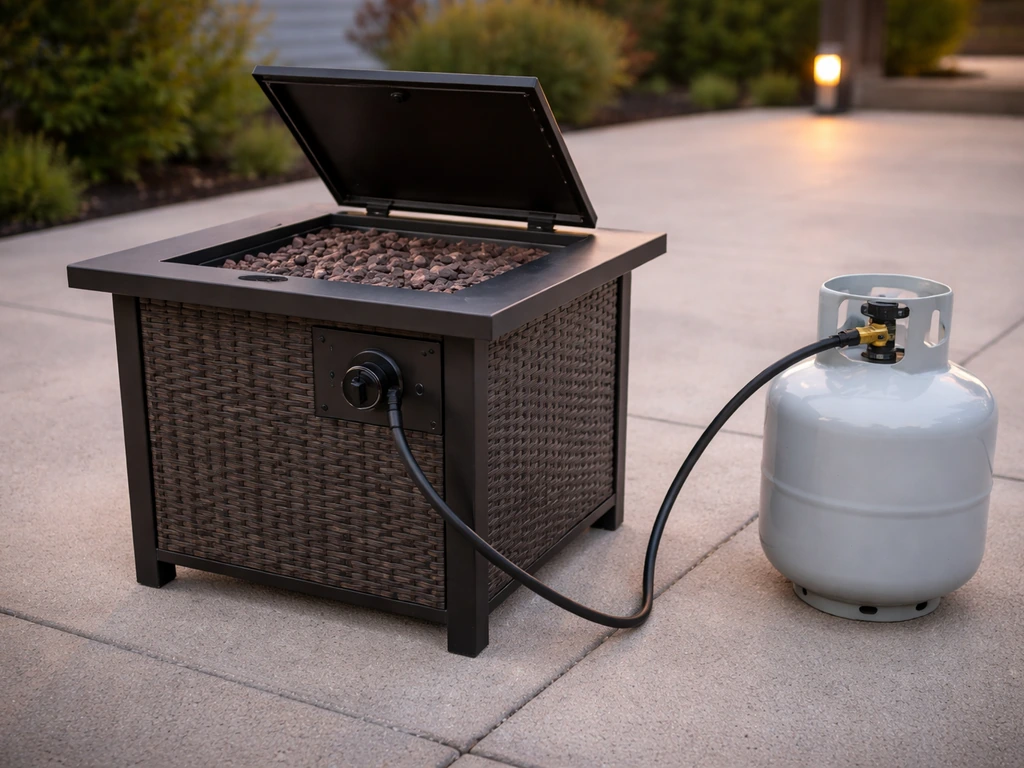 LP propane fire pit on a patio showing the connected 20 lb tank hose and the main control knob.