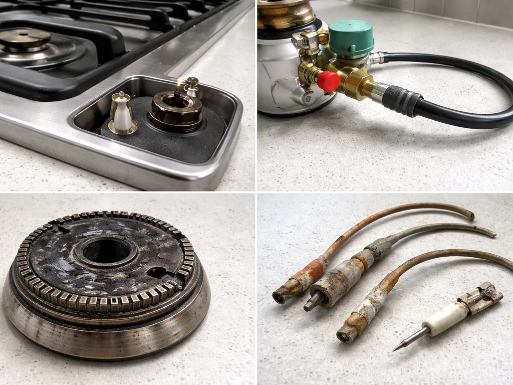 Gas stove with four separate no-light troubleshooting parts: igniter, gas valve, clogged burner ports, worn wires.