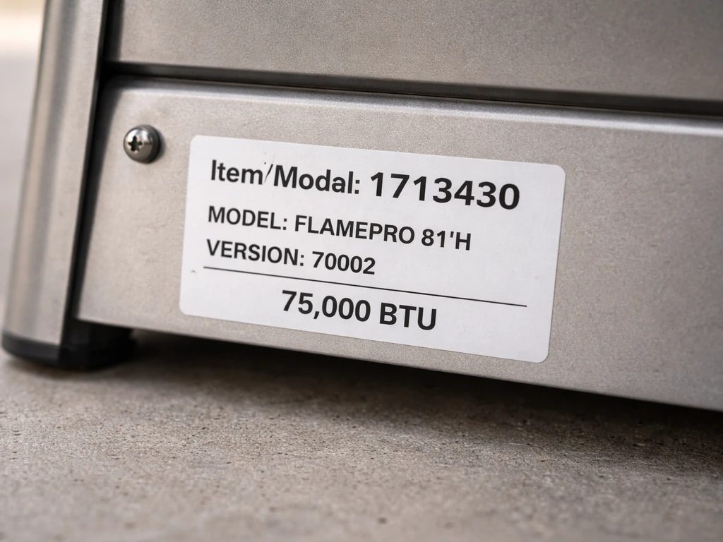 Close-up of a heater identification label on the underside showing model and BTU rating.