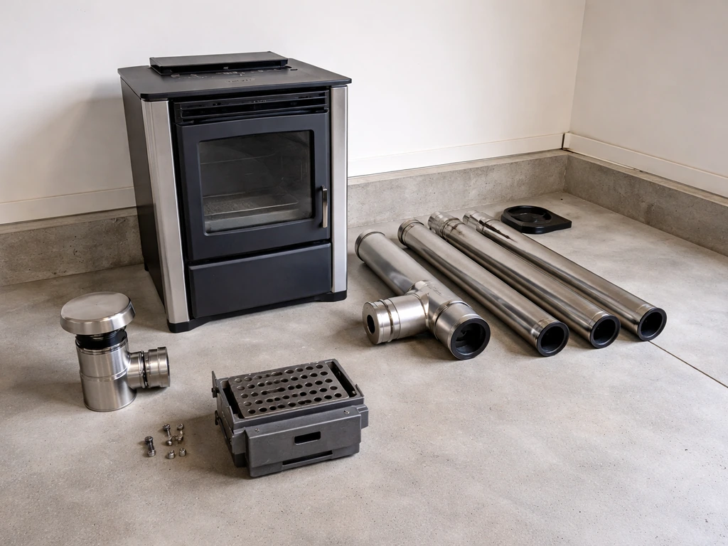 Pellet heater base with chimney sections and firepot/grate laid out on a clean concrete floor for assembly.