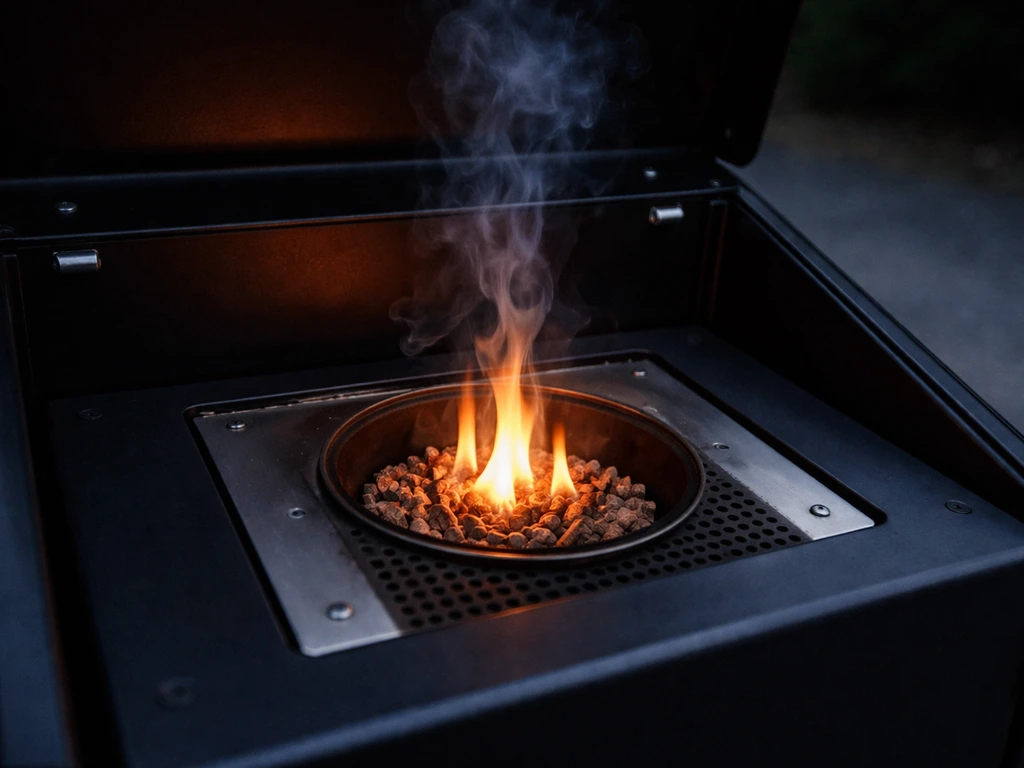 Outdoor wood pellet stove during first burn, pellets igniting with light smoke rising from the firepot.