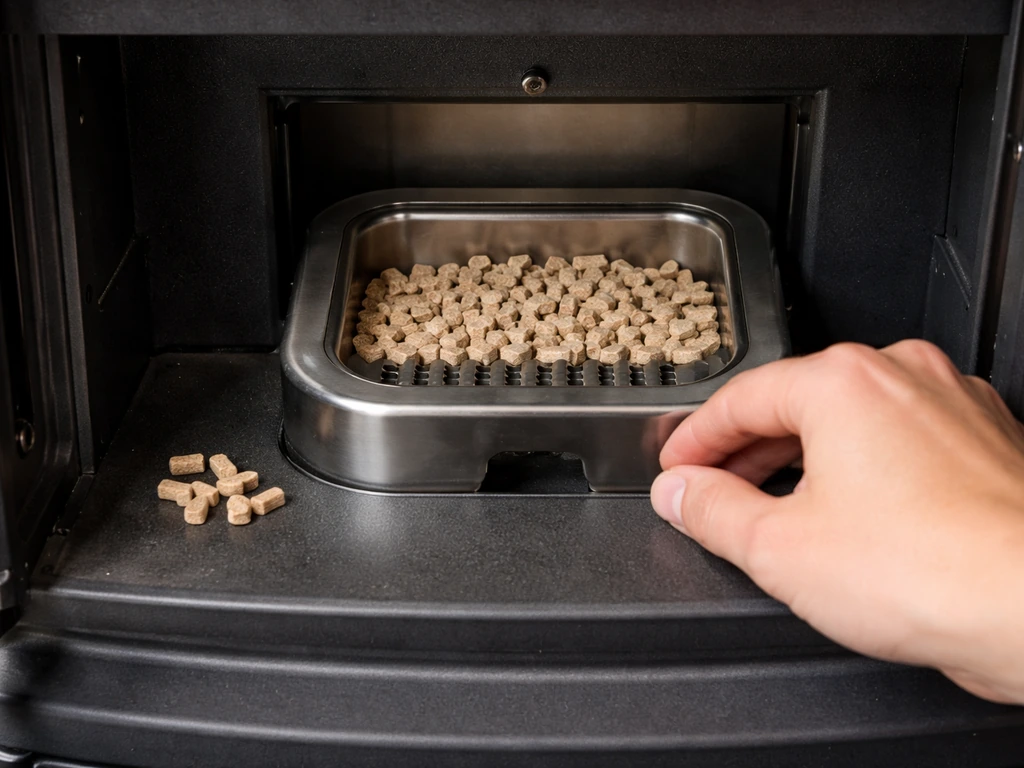 Close-up of a pellet stove firepot with dry pellets, clear ignition area, and hands preparing a safe check.
