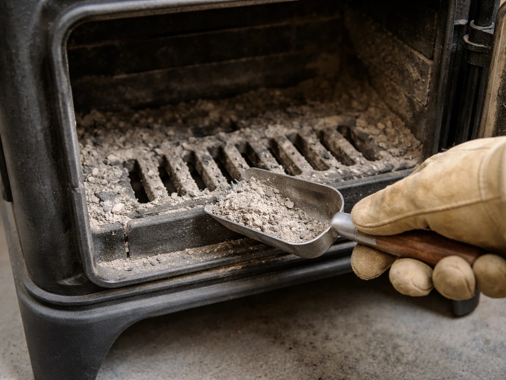 Gloved hand scooping ash from a cooled heater’s grate firepot in a simple close-up view.