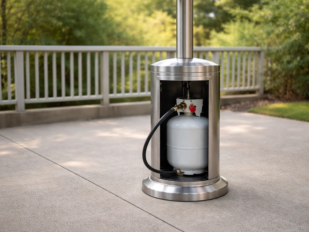 Outdoor propane patio heater with clearly visible propane tank connection and safe clearance from combustibles.