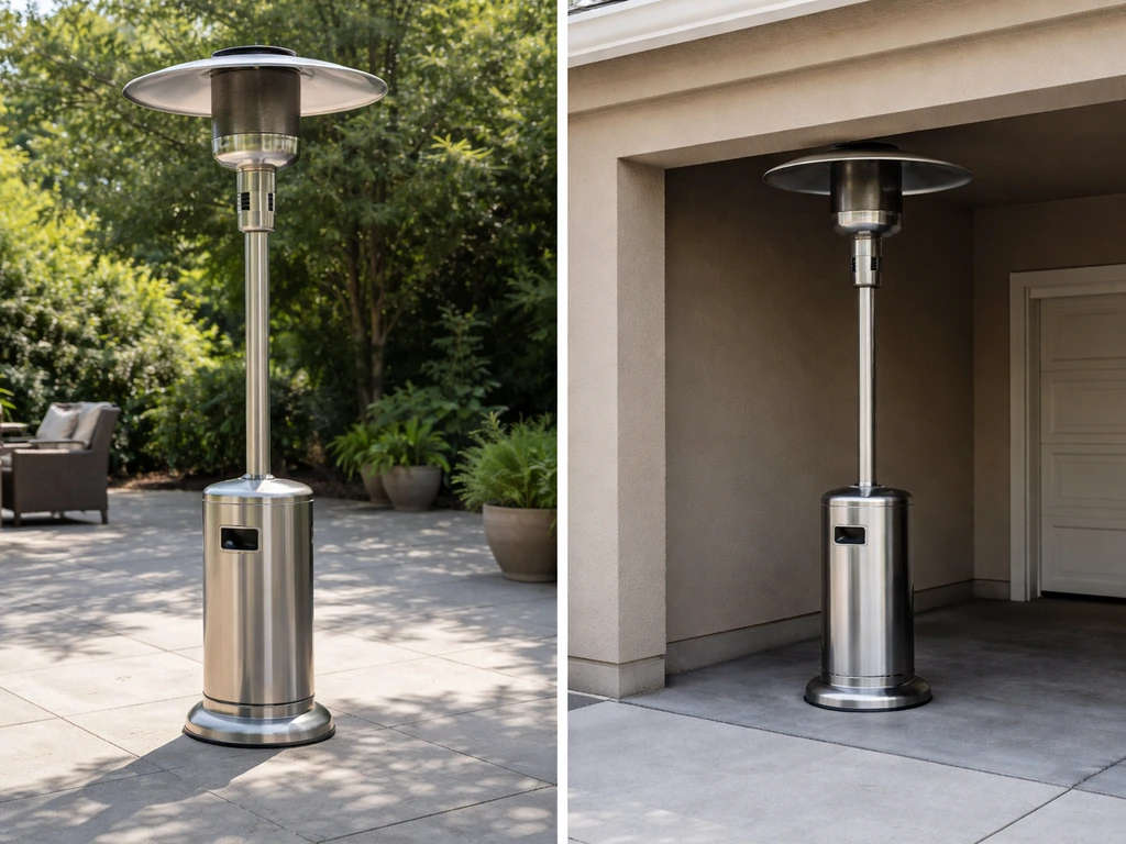 Left: propane heater on open patio; Right: same heater under enclosed overhang with poor ventilation.