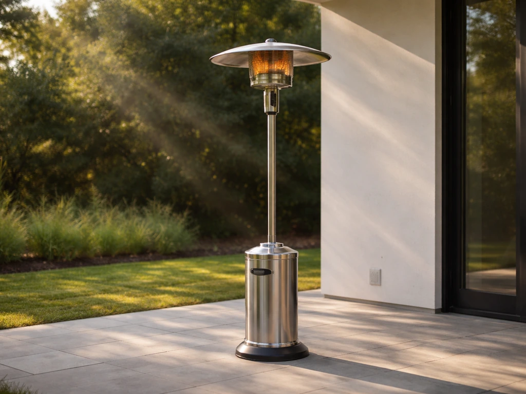 Propane patio heater outdoors with open-air space around it, emphasizing safe ventilation and outdoor-only use.