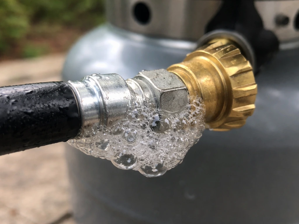 Close-up of soapy bubbles forming at a hose-to-regulator connection during a leak test.
