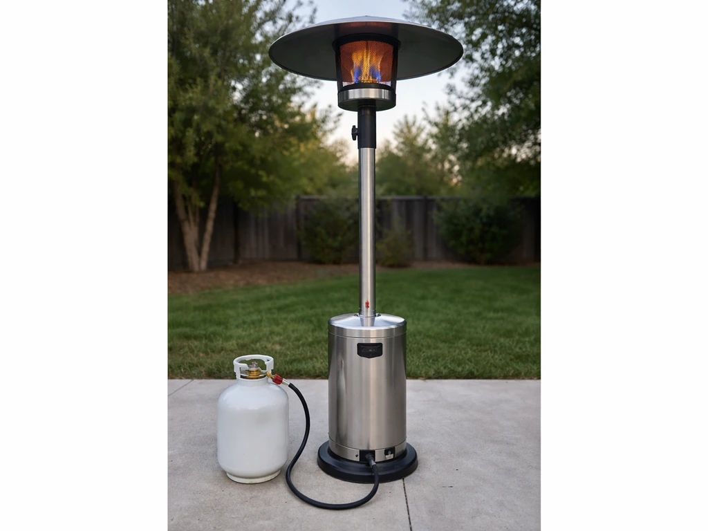 Outdoor propane heater on a level patio with intact hose and a small safe flame starting.