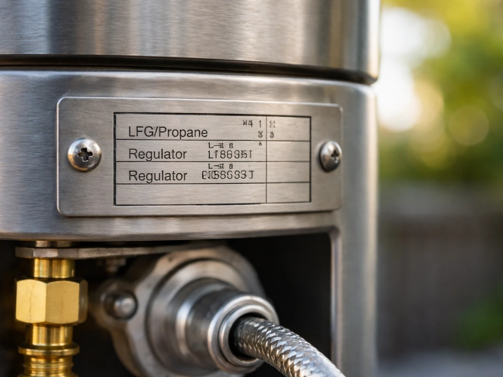 Close-up of a patio heater rating plate with propane/LPG and regulator specification markings clearly visible.