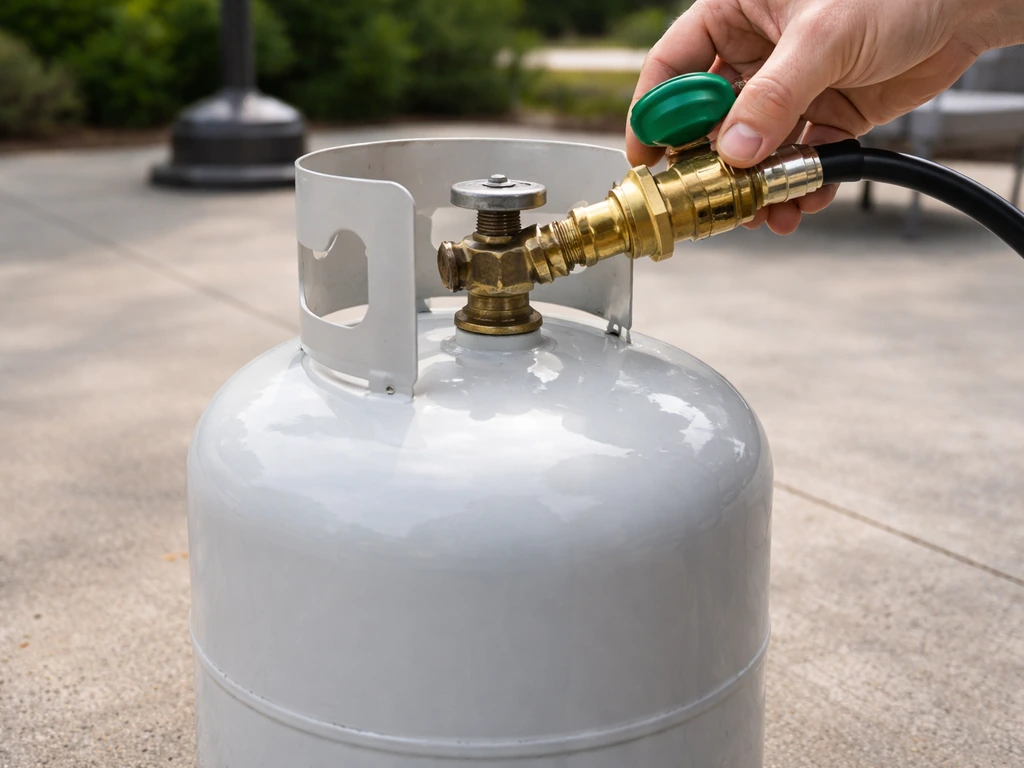 Propane gas cylinder upright on level ground with regulator hose aligned outdoors near a patio heater