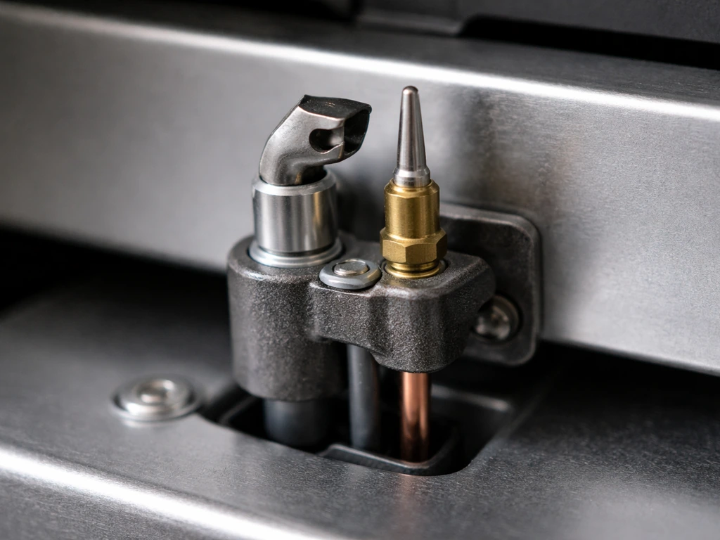Close-up of a gas heater burner area showing the pilot thermocouple next to the burner