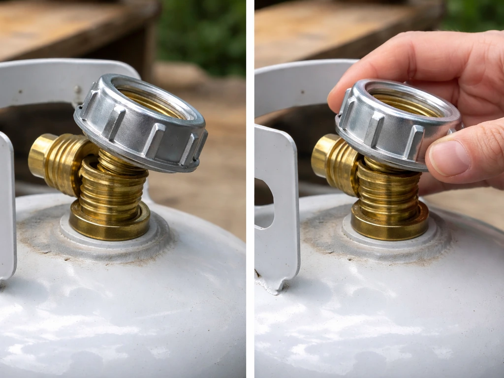 Close-up of a propane regulator coupling showing proper hand alignment versus a misthreaded nut