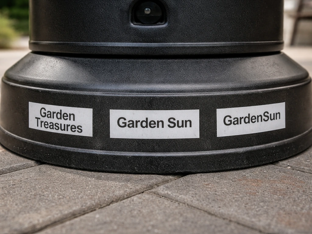 Close-up of an LP patio heater base showing model/label sticker for brand verification.