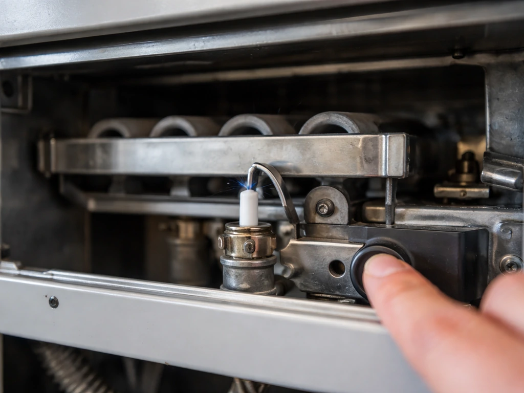 Close-up of a gas heater burner area with hand pressing igniter near the ignition pin and visible spark.