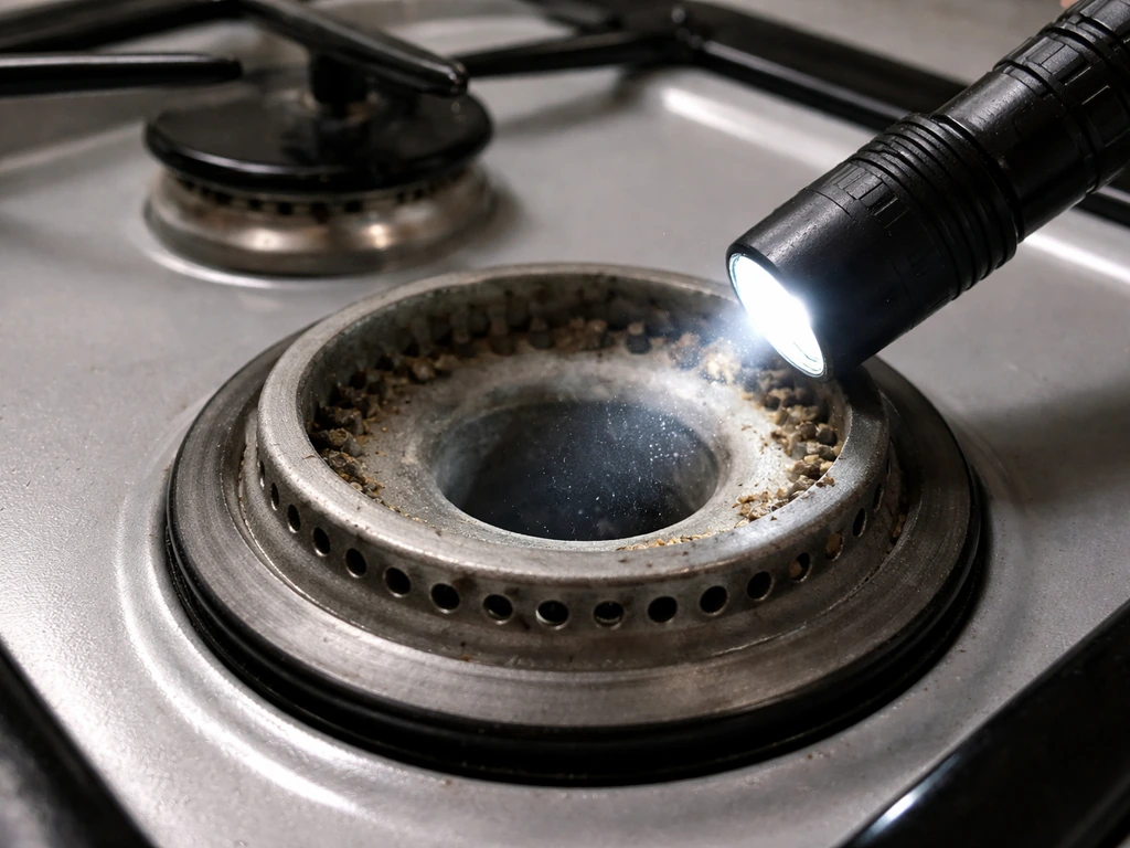 Close-up of a gas burner port clogged with insect debris, illuminated by a flashlight.