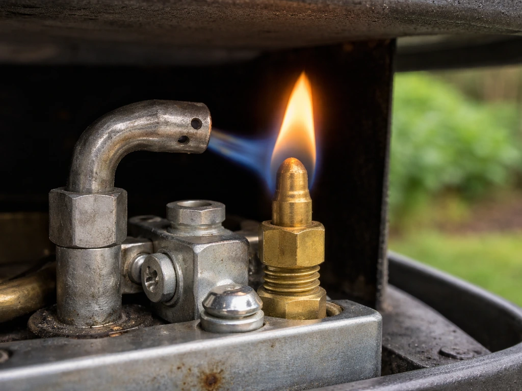 Close-up of a gas heater pilot flame with the thermocouple tip aligned in the flame path.
