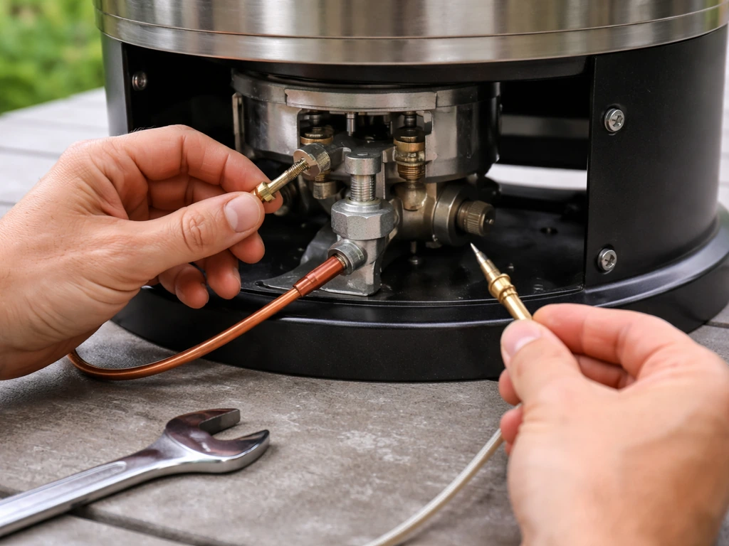 Hands replacing a patio heater thermocouple at the gas valve area in natural daylight