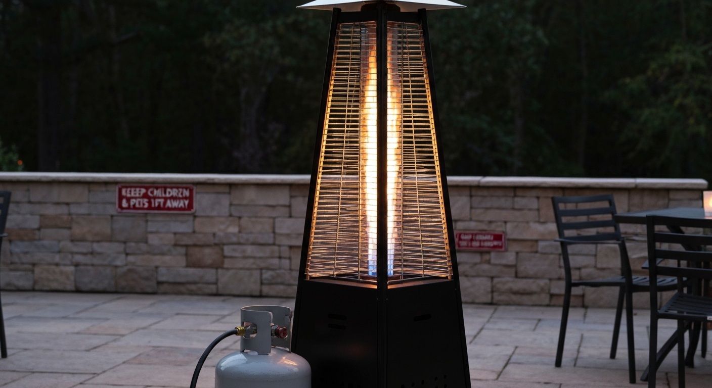 Photorealistic Thermo Tiki–style pyramid propane patio heater lit on a patio at dusk with propane cylinder attached.