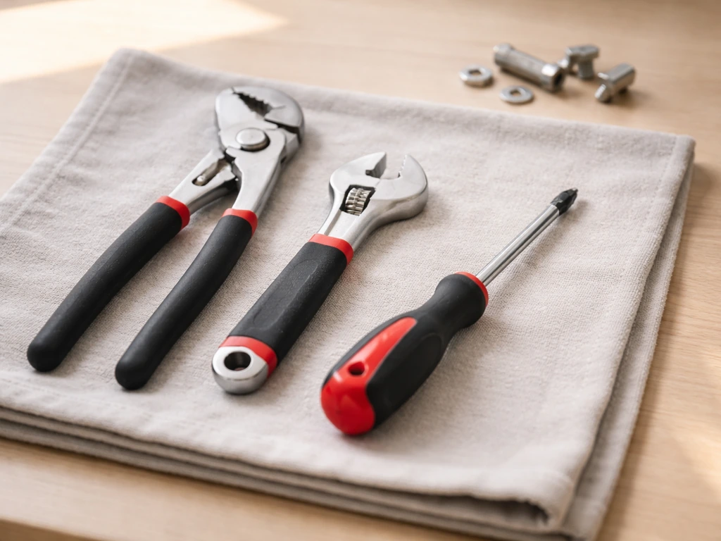 Adjustable pliers and Phillips screwdriver laid out neatly on a protective cloth with small parts nearby.