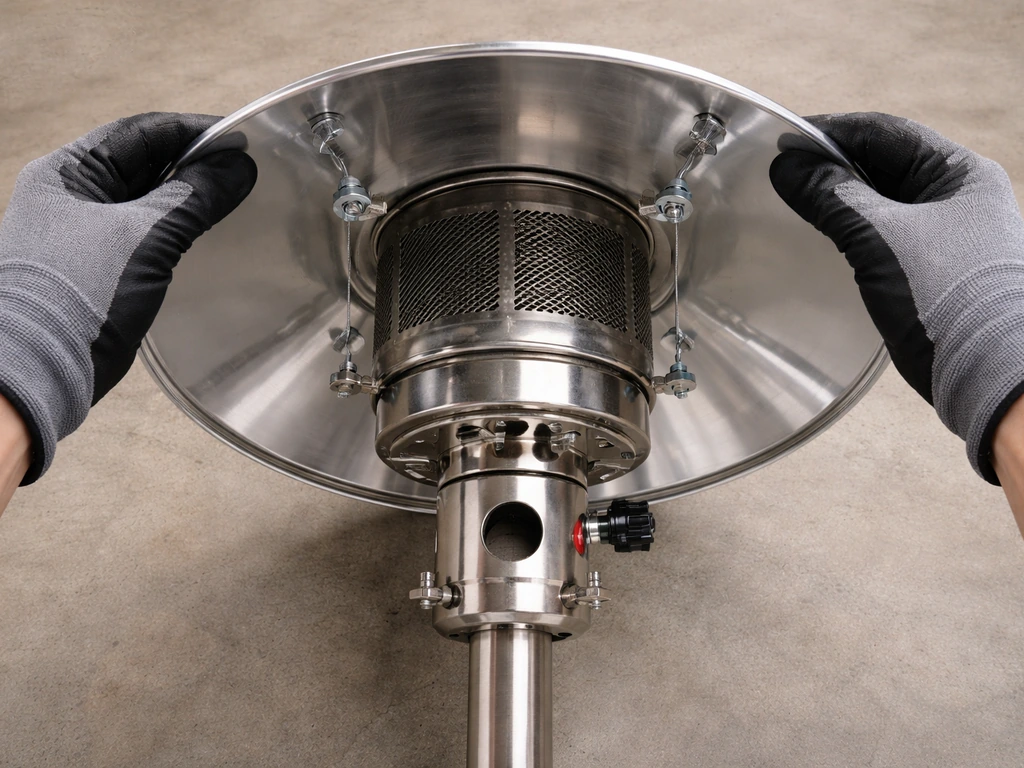 Top-down view of a reflector hood mounted on a heater head with bolts and wing nuts being tightened.