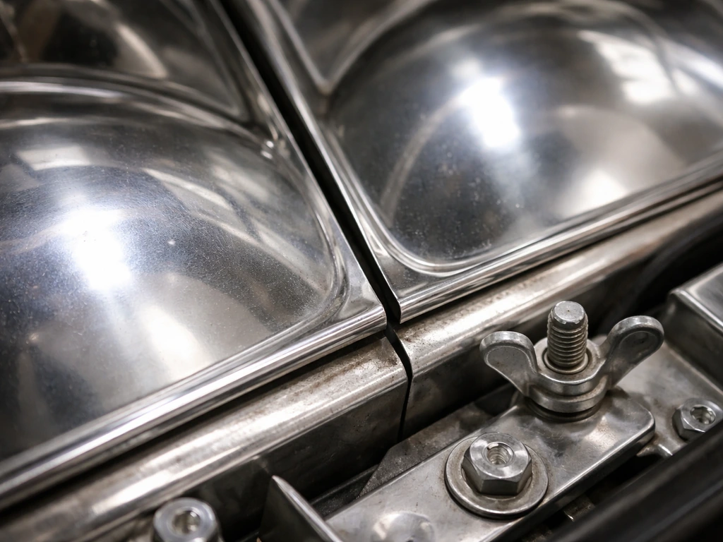 Close-up of two hood reflector sections showing a visible split seam and partially visible wing-nut bolt area.