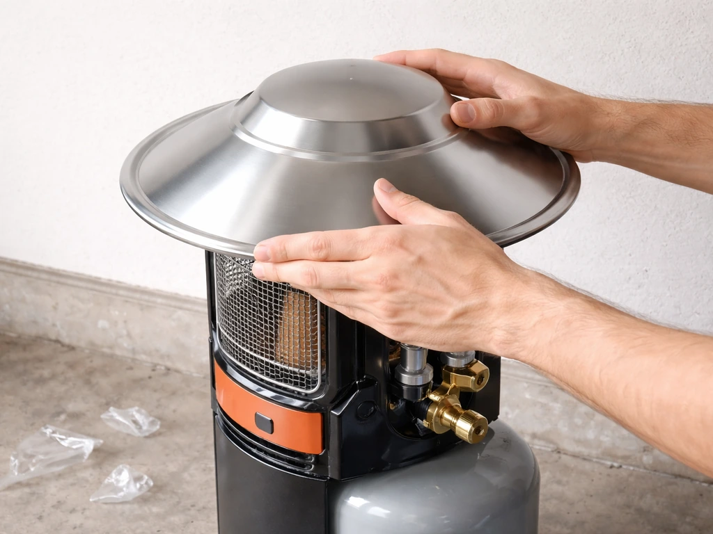 Hands pressing a heater’s seated reflector hood while confirming protective film is removed near the propane area.