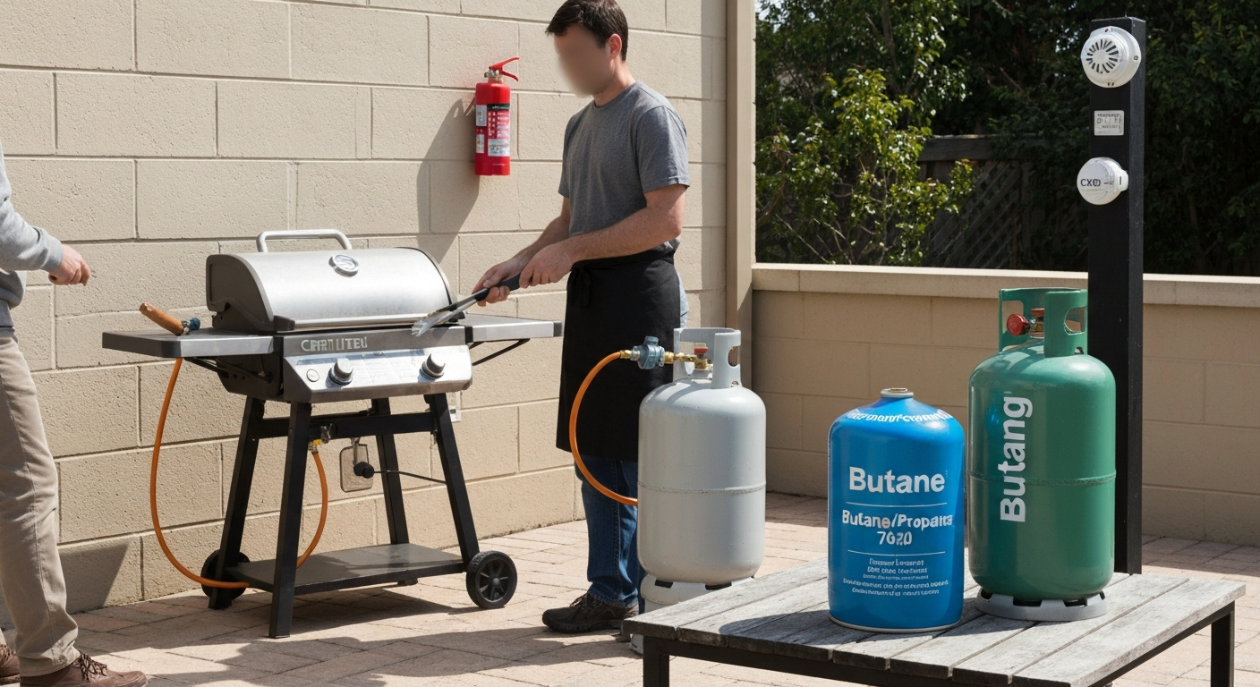 Backyard gas grill connected to a propane patio gas cylinder with regulator and hose, with two different cylinder types on a nearby table for comparison.