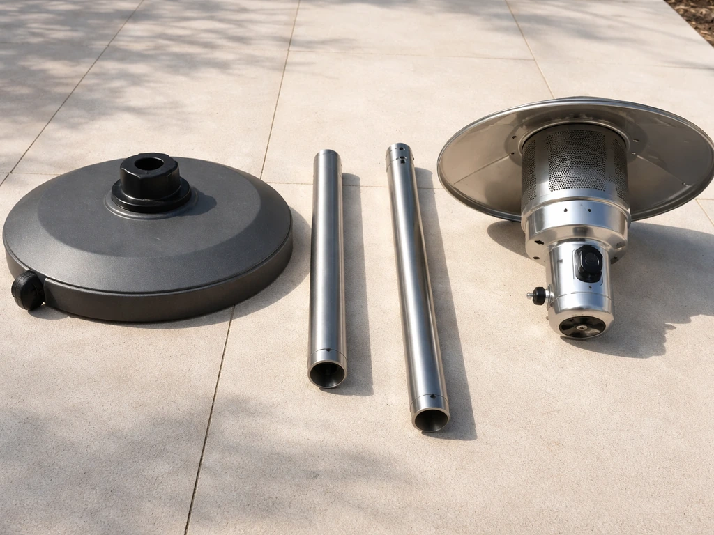 Propane patio heater parts laid out neatly: base, pole segments, and burner/emitter housing on a patio floor.