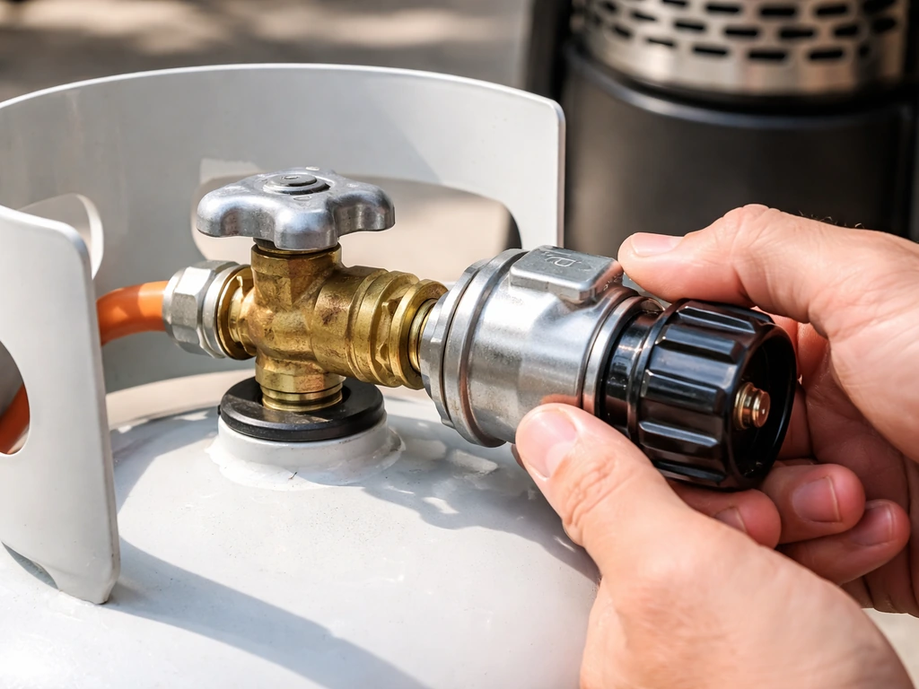 Close-up of hands hand-tightening a POL/QCC1 propane regulator onto a tank valve connection.