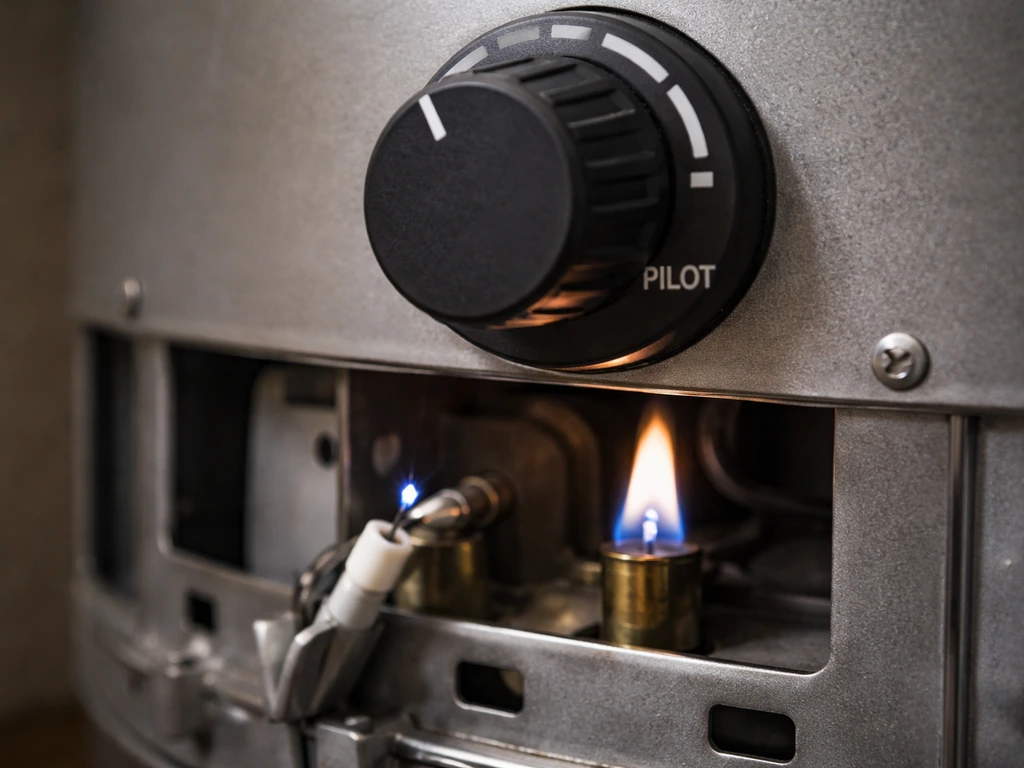 Close-up of a heater control knob set to PILOT with a visible pilot flame igniting