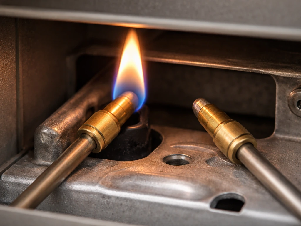 Close-up of a gas heater pilot flame touching a thermocouple tip, with the incorrect gap shown nearby.