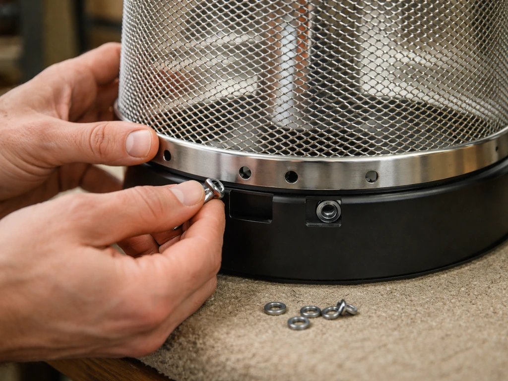 Hands aligning and attaching a dome heater guard with bolts and washers on a padded surface.